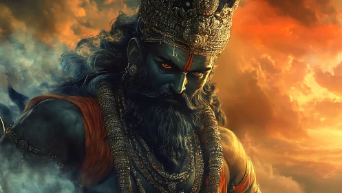 Mythic warrior god glows against burning storm sky.