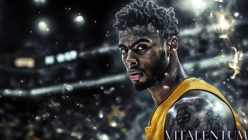 Focused basketball player glows under dramatic arena lights