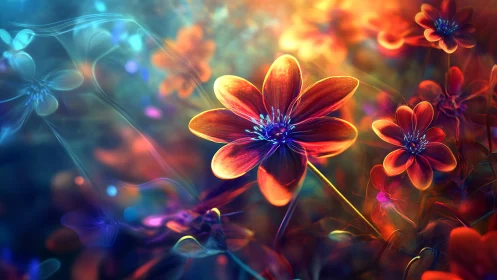 Neon flowers with warm and cool light gradients rendered in digital space.
