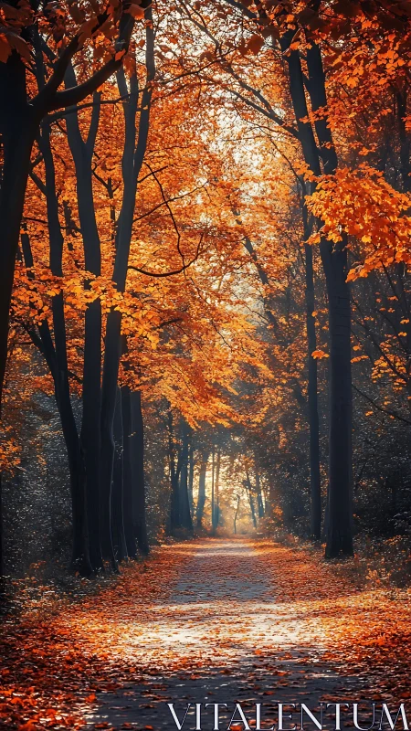 Golden Autumn Forest Path with Towering Trees.