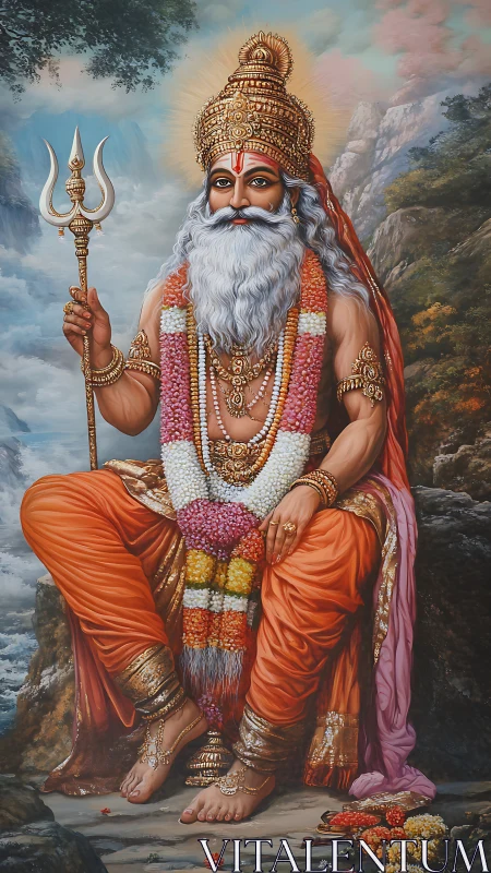 Iconic ascetic figure with trident in hyper-detailed regalia.