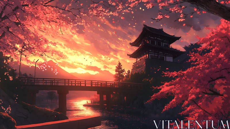 Golden sunset temple tucked among drifting cherry petals.