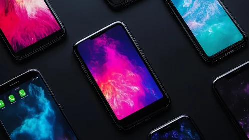 Smartphones display neon gradient clouds on black background.