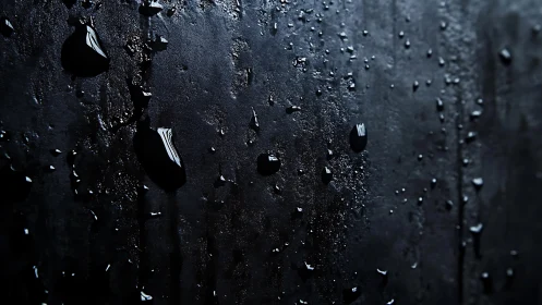 Midnight raindrops quietly carve silver paths on black steel