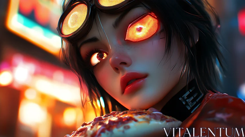Cybernetic girl with glowing eyes eats pizza at night