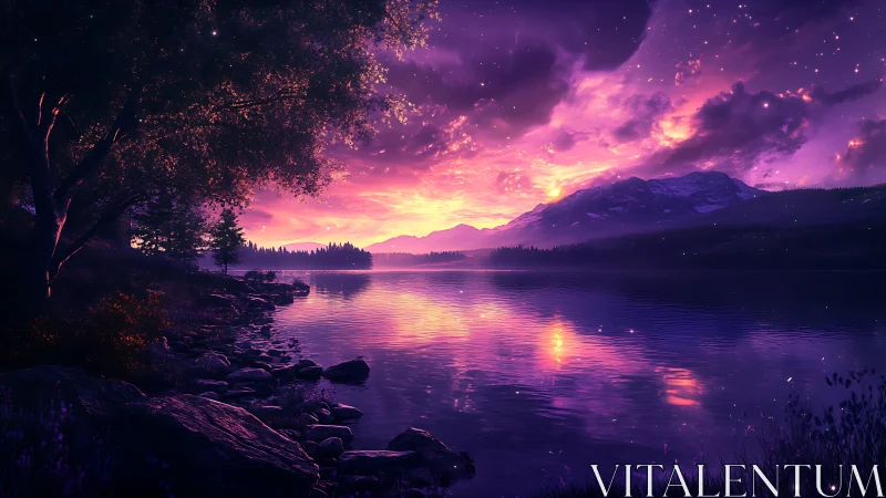 Twilight lake dreams under cosmic violet embers of dusk.