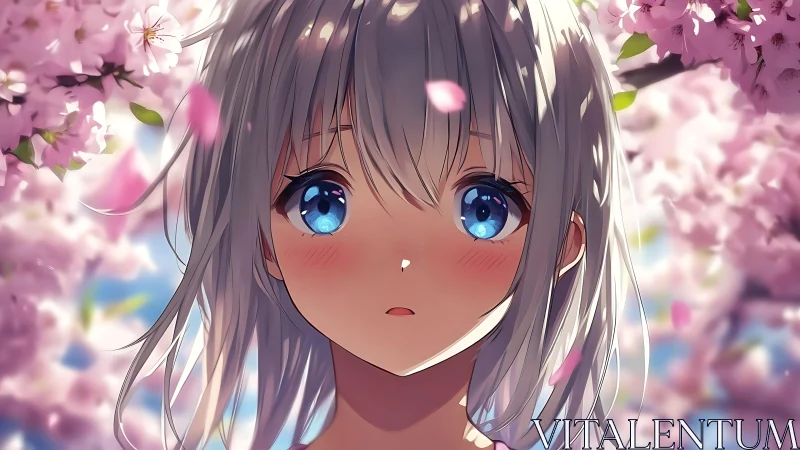 Soft-eyed girl beneath gentle cherry blossom petals.