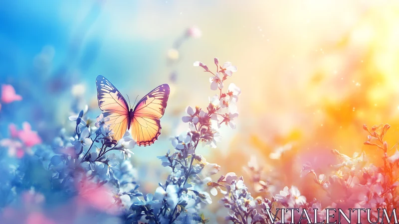 Butterfly above flowering plants in diffuse backlighting.