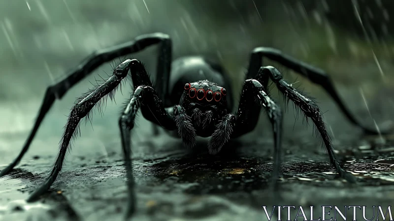 Predatory rain-soaked spider rendered in cinematic detail.