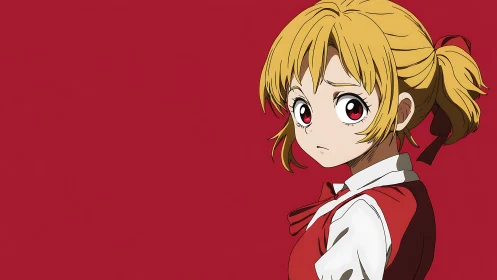 Anime portrait on crimson ground with asymmetrical framing.