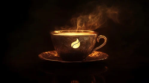 Illuminated teacup with steam and glowing flame emblem