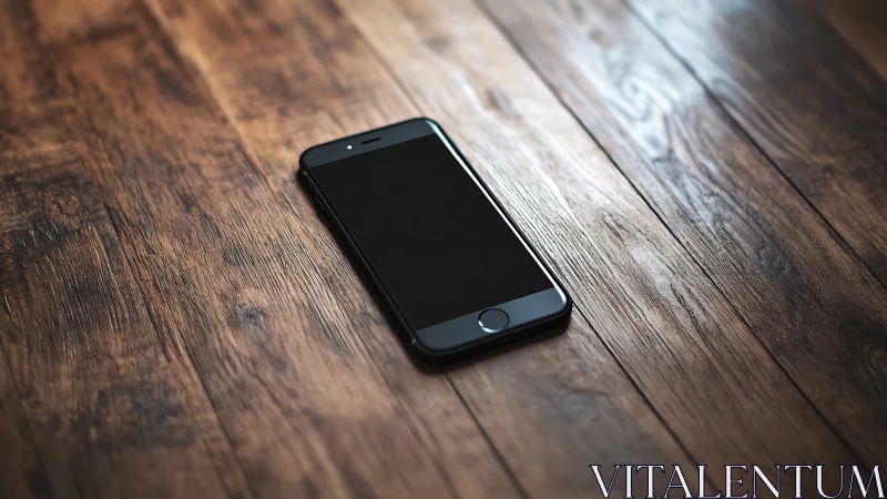 Dark smartphone on weathered wood surface with studio lighting.