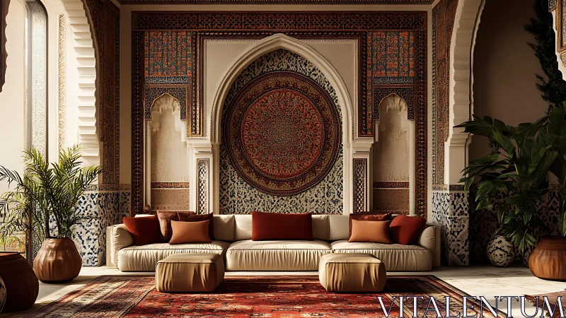 Moroccan-inspired lounge frames ornate arch and mosaic wall.