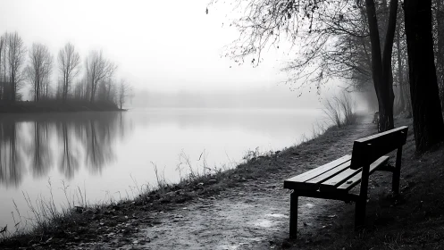 Foggy lakeside bench along reflective shoreline in grayscale
