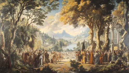 Classical outdoor gathering in wooded river valley landscape.