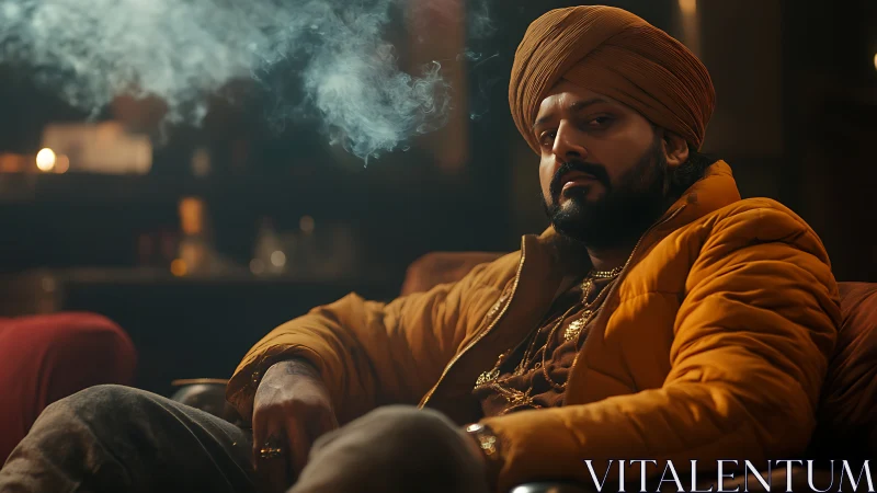 Turbanned king of embers reclines in smoke-softened glow.