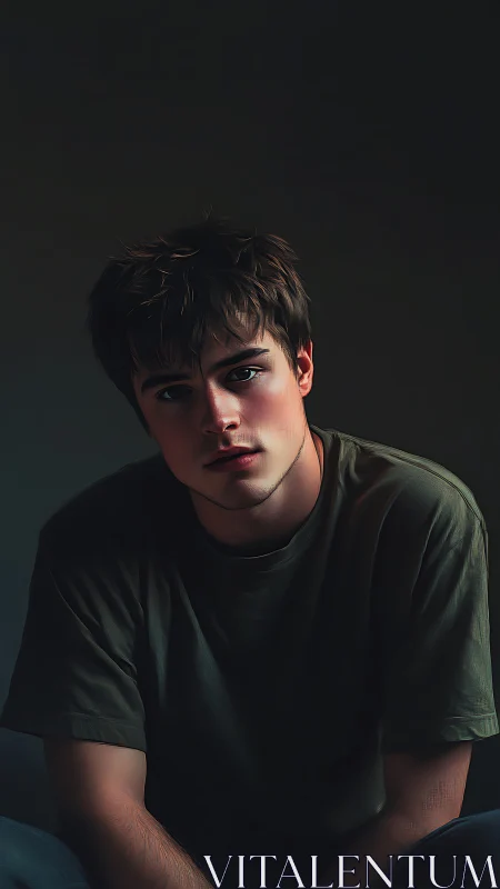 Softly lit portrait of quiet introspection in deep shadow.