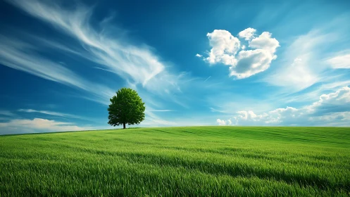 Solitary green tree crowns rolling field under vivid sky.