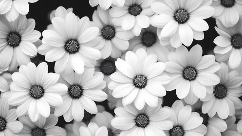 Monochromatic daisy composition with layered depth and dramatic backdrop.