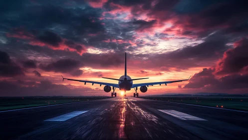 Wide-body jet departs wet runway under high-contrast sunset sky