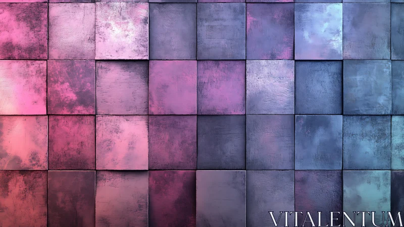 Gradient square tile wall shows textured pink to blue shift