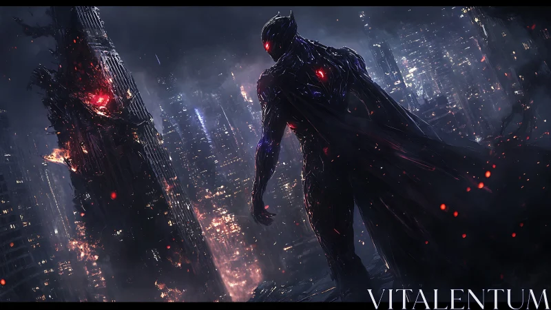 Midnight guardian overlooking embers of a neon cityscape.