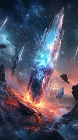 Celestial crystal monolith erupts from a fractured world.