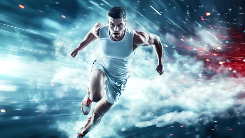 Explosive sprinter charges through neon speed trails.