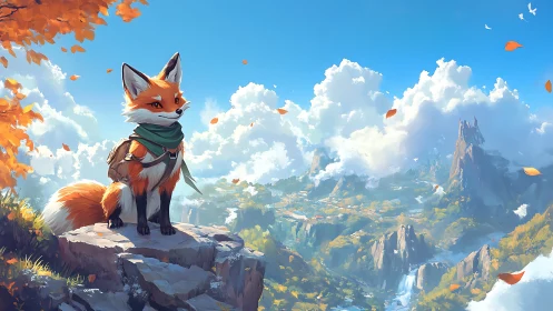 Anthropomorphic fox scout overlooking stylized mountain valley.