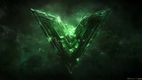 Angular neon V emblem rotates in deep emerald cosmic haze