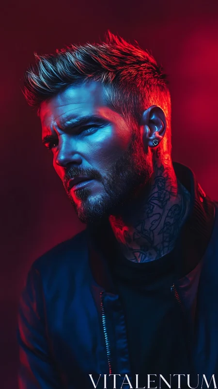 Male portrait under blue and red directional lighting.