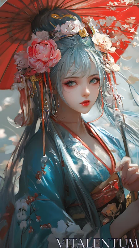 Blossom-clad geisha beneath a crimson parasol of light.