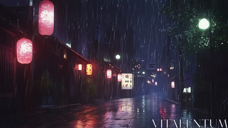 Neon lantern alley in heavy rain, cinematic nightscape.
