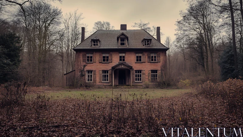 Abandoned brick house stands in overgrown forest clearing