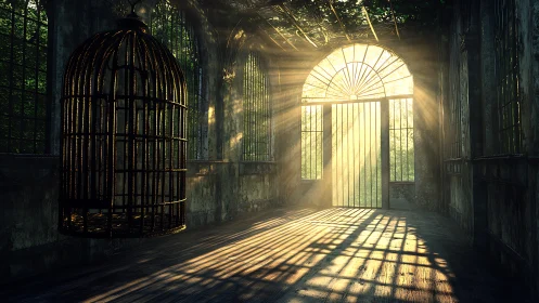 Sunlit iron cage in abandoned glasshouse corridor interior.