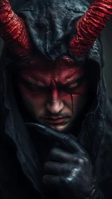Demonic horned figure in hooded cloak under moody shadow.