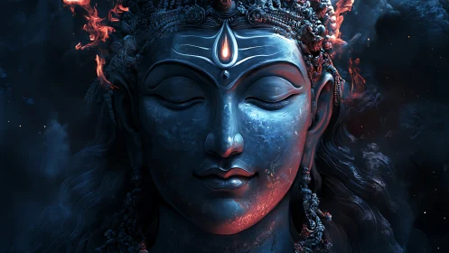 Divine blue deity face glows with fiery cosmic energy.