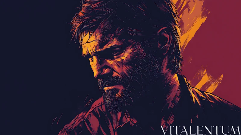 Brooding bearded man in dramatic dual-tone portrait art.