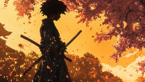 Digital painting samurai silhouette under falling sakura petals.