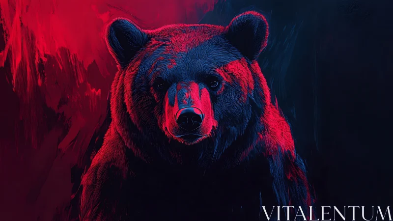 Neon-lit bear portrait in dual-tone crimson and cyan lighting.