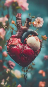 Anatomical heart with botanical elements composition.