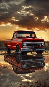 Old red pickup trades sunset stories with its own reflection