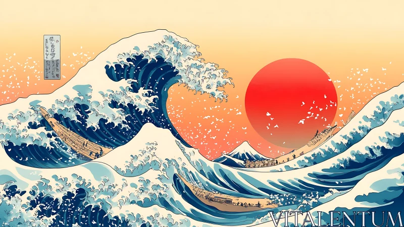 Towering stylized wave curls toward a blazing red sun.