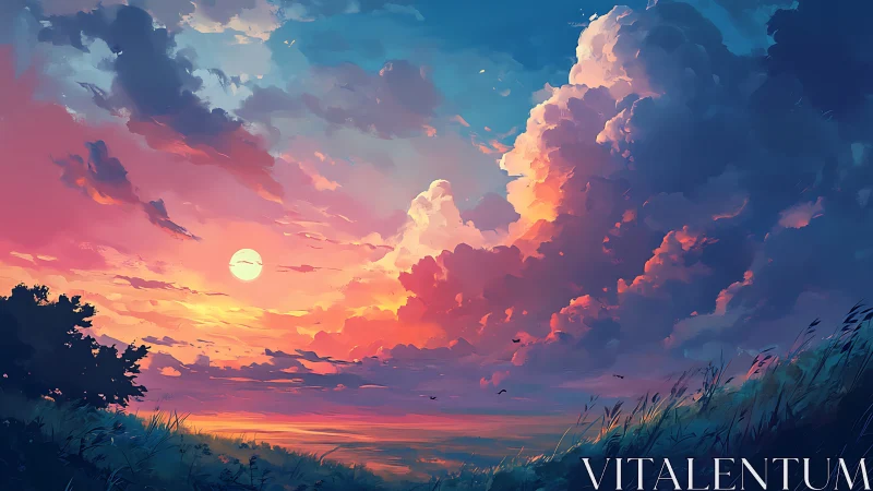 Sunset clouds over grassy hill in vivid digital sky.