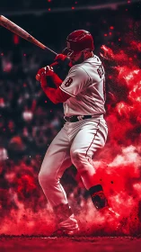 Baseball batter swings amid dramatic red dust explosion