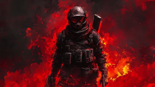 Armored soldier emerges from inferno with vivid red highlights