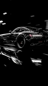 Sleek black sports car glides through a glowing night tunnel