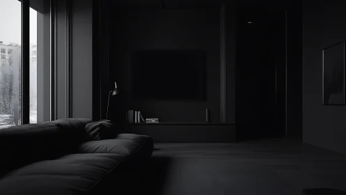 Cozy dark living room embracing a quiet rainy morning.