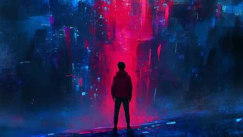 Solitary figure confronts neon data void in abstract cyber alley