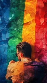 Textured chromatic portrait fused with rainbow relief surface.